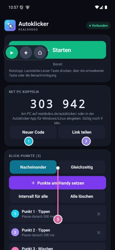 Autoklicker – Ansicht am Handy